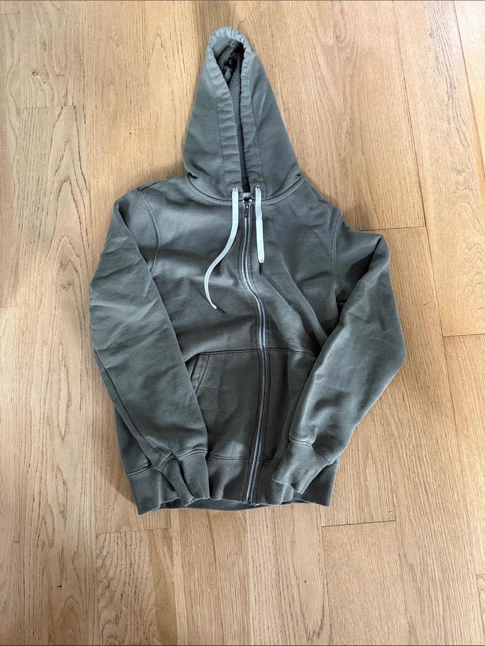Zip-Front Olive Green Men's Hooded Sweatshirt with Contrast Drawcords